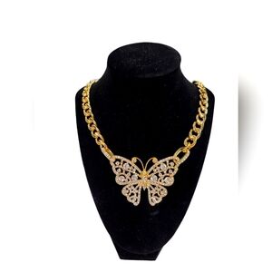 Natasha Crystal Rhinestones Gold LARGE Butterfly Pendant Necklace NWT